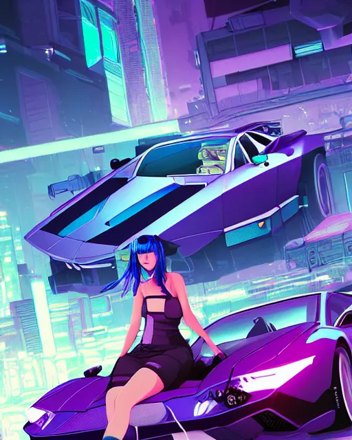 Prompt: digital illustration of cyberpunk pretty girl with blue hair, looking at a purple lamborghini, in junkyard at night, by makoto shinkai, ilya kuvshinov, lois van baarle, rossdraws, basquiat