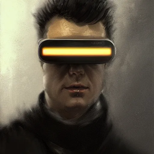 Image similar to Portrait of a man by Greg Rutkowski, symmetrical face, an young man with a VR Heaset covering his eyes, Kubric Stare, cold, twisted and sinister smile, highly detailed portrait, scifi, digital painting, artstation, book cover, cyberpunk, concept art, smooth, sharp foccus ilustration, Artstation HQ