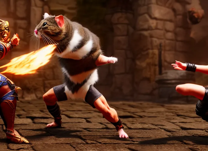 Image similar to hamster fights a cat in mortal kombat on the background of a laughing shao khan. fantasy magic style. highly detailed 8 k. intricate. lifelike. soft light. sony a 7 r iv 5 5 mm. unreal engine with nanite and path tracing