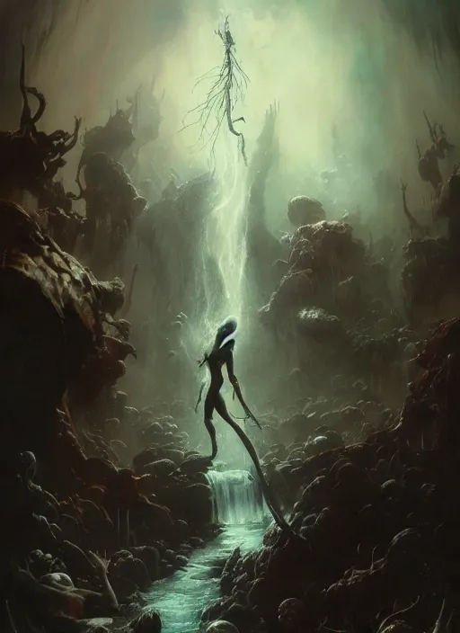 Image similar to shackled in styx river of the underworld, frank frank frazetta and cgsociety, stunning sasquatch, blood splatters, charlie bowater and tom bagshaw, insanely detailed, deviantart, space art, atoms surrounded by skulls, death, and spirits flying, water fall, horror, sci - fi, surrealist painting, by peter mohrbacher