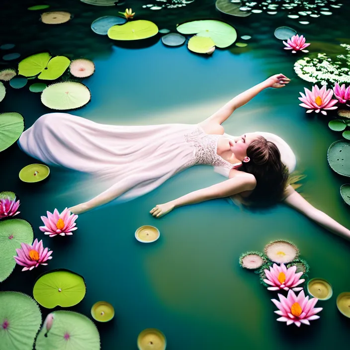 Image similar to Kodak Portra 400, 8K, soft light, volumetric lighting, highly detailed, britt marling style 3/4 of a woman floating in water surrounded by lily pads, half face in the water, julie dillon, a beautiful lace dress and hair are intricate with highly detailed realistic beautiful flowers , Realistic, Refined, Highly Detailed, natural outdoor soft pastel lighting colors scheme, outdoor fine art photography, Hyper realistic, photo realistic