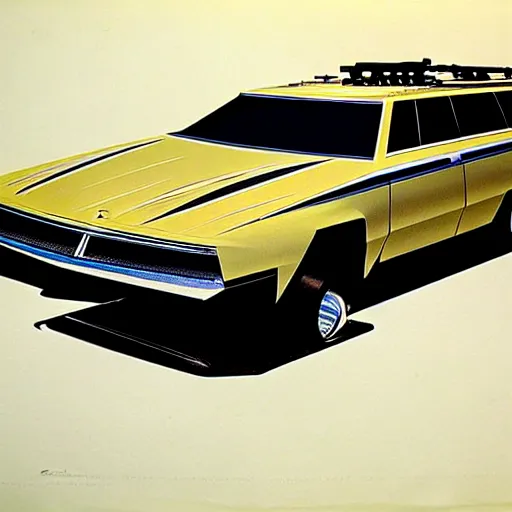 Image similar to concept art for a station wagon covered in mounted guns, painted by syd mead, high quality