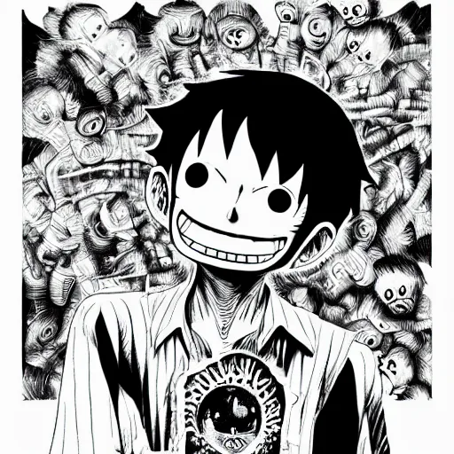 Prompt: Black and white illustration of Monkey T. Luffy, Creative Design, Human brain, Biopunk, Body horror, by Junji Ito