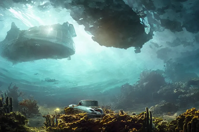 Image similar to an epic landscape view of manhattan underwater, with a submersible with a shining headlight exploring the ruins, with seaweed, fish, painted by tyler edlin, wide angle, atmospheric, volumetric lighting, cinematic, very realistic, highly detailed digital art