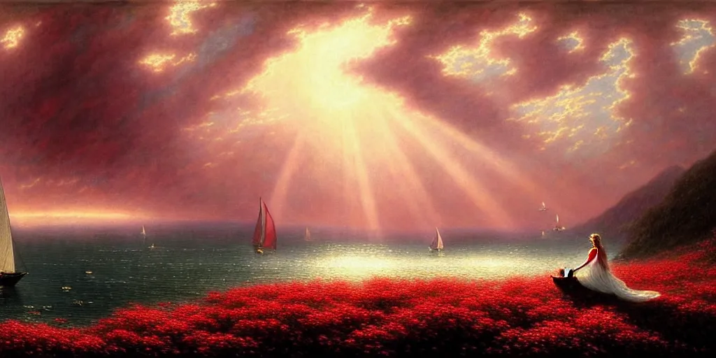 Image similar to an elegant fairy queen in a red lace dress dancing looking out at a lord of the rings scenery landscape, staring across the sea at a sail boat, sunrise, god's rays highly detailed, vivid colour, soft clouds, floral sunset, cinematic lighting, perfect composition, gustave dore, derek zabrocki, greg rutkowski, belsinski