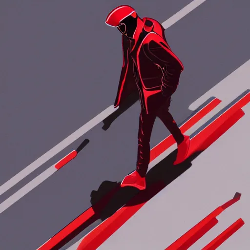 Image similar to isometric view, man with a red jacket walking toward a red futuristic racing motorbike, pencil drawing, panoramic view, wide angle, ultra realistic, intricate details, cyberpunk, ultra detailed, sharp focus, trending on artstation