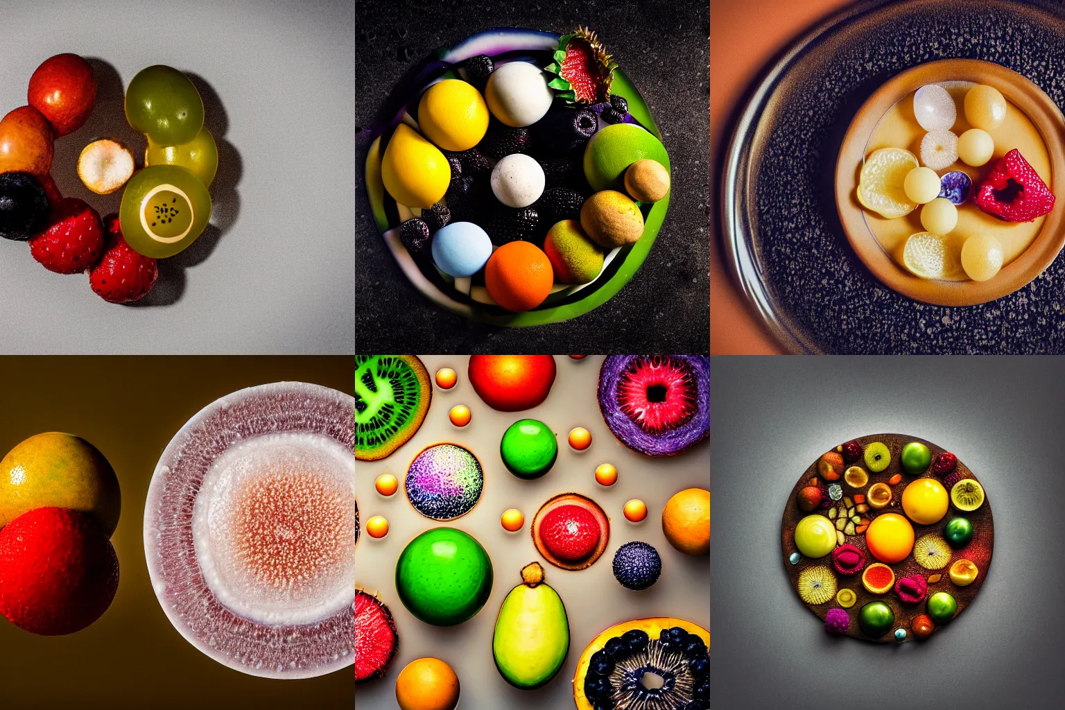 Prompt: macro photo of a bohr's atomic model made of fruits, michelin star restaurant quality food photography