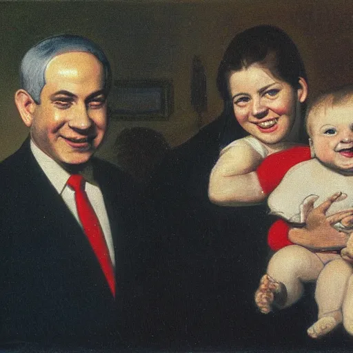 Prompt: a painting of benjamin netanyahu smiling as a baby being held by his parents, by caspar david