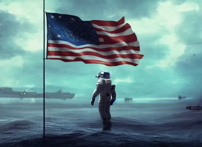 Image similar to astronaut holding a flag in an underwater desert. a submarine is visible in the distance. dark, concept art, cinematic, dramatic, atmospheric, 8 k, trending on artstation, blue, fish, low visibility, fog, ocean floor, christopher nolan, interstellar