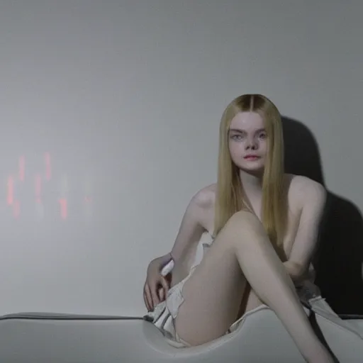 Image similar to Elle Fanning sitting on a white leather chair in the world of Adam Adamowicz, head and shoulders portrait, stormy weather, extremely detailed masterpiece, oil on canvas, low-key neon lighting, artstation, Blade Runner 2049, Roger Deakin’s cinematography, by J. C. Leyendecker and Peter Paul Rubens and Edward Hopper and Michael Sowa,