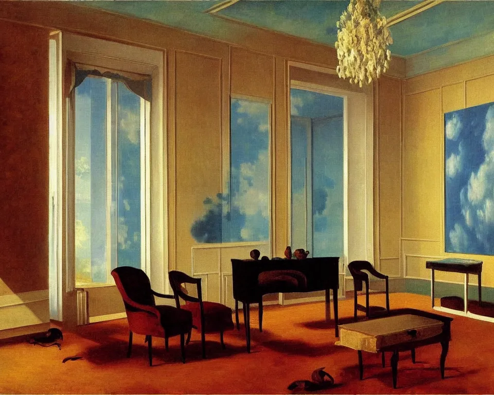 Image similar to achingly beautiful painting of a sophisticated, well - decorated, modern parlor by rene magritte, monet, and turner. whimsical.