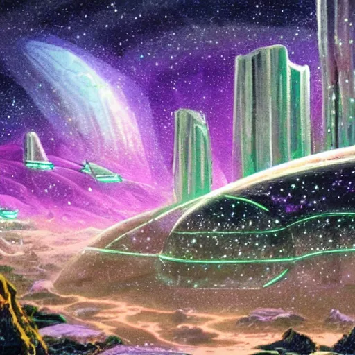 Image similar to a futuristic crystal city with elves. the milky way is in the sky. highley detailed