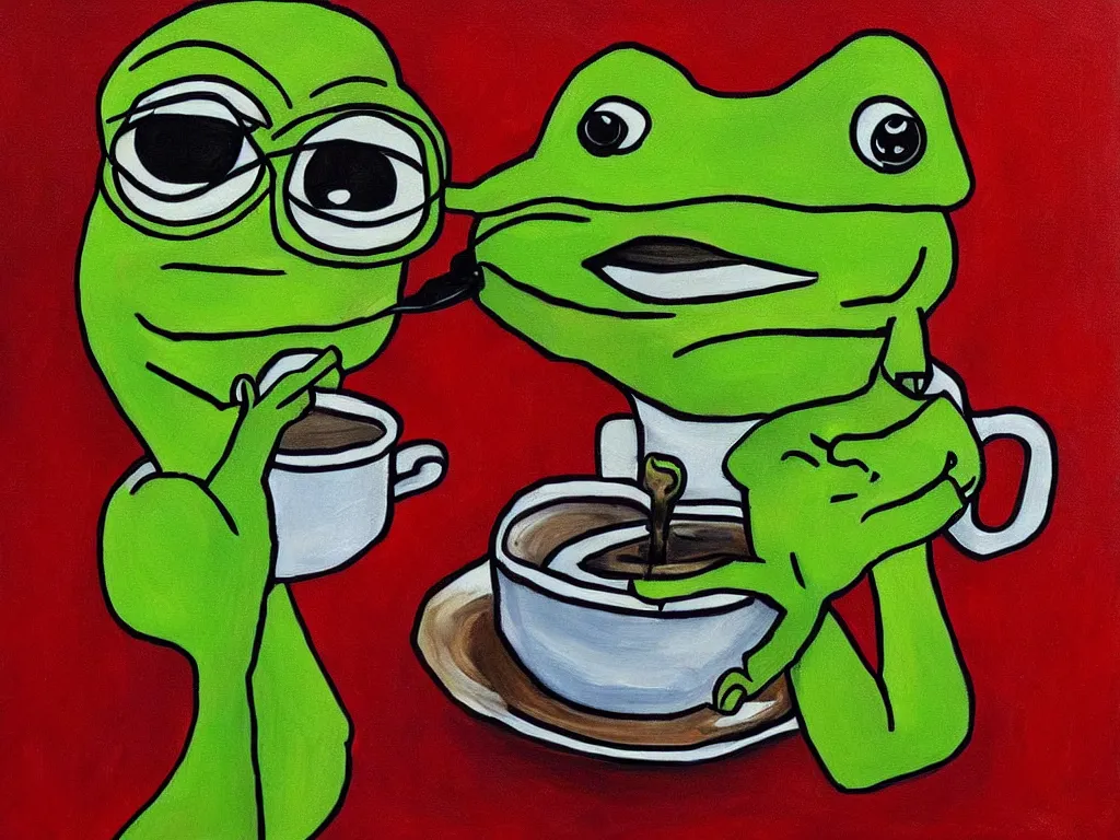 Prompt: portrait of a cyclops pepe! the frog! drinking coffee in the style of dali, oil painting