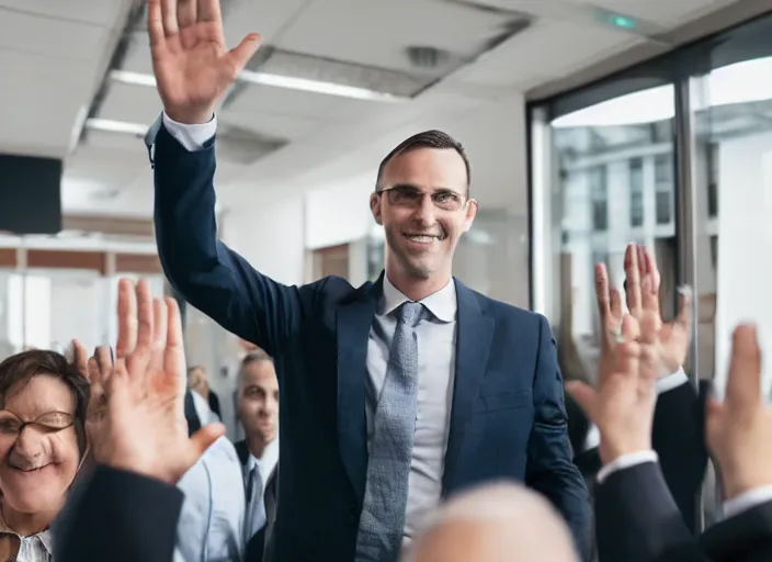 Image similar to realistic man in office waving goodbye to group of people