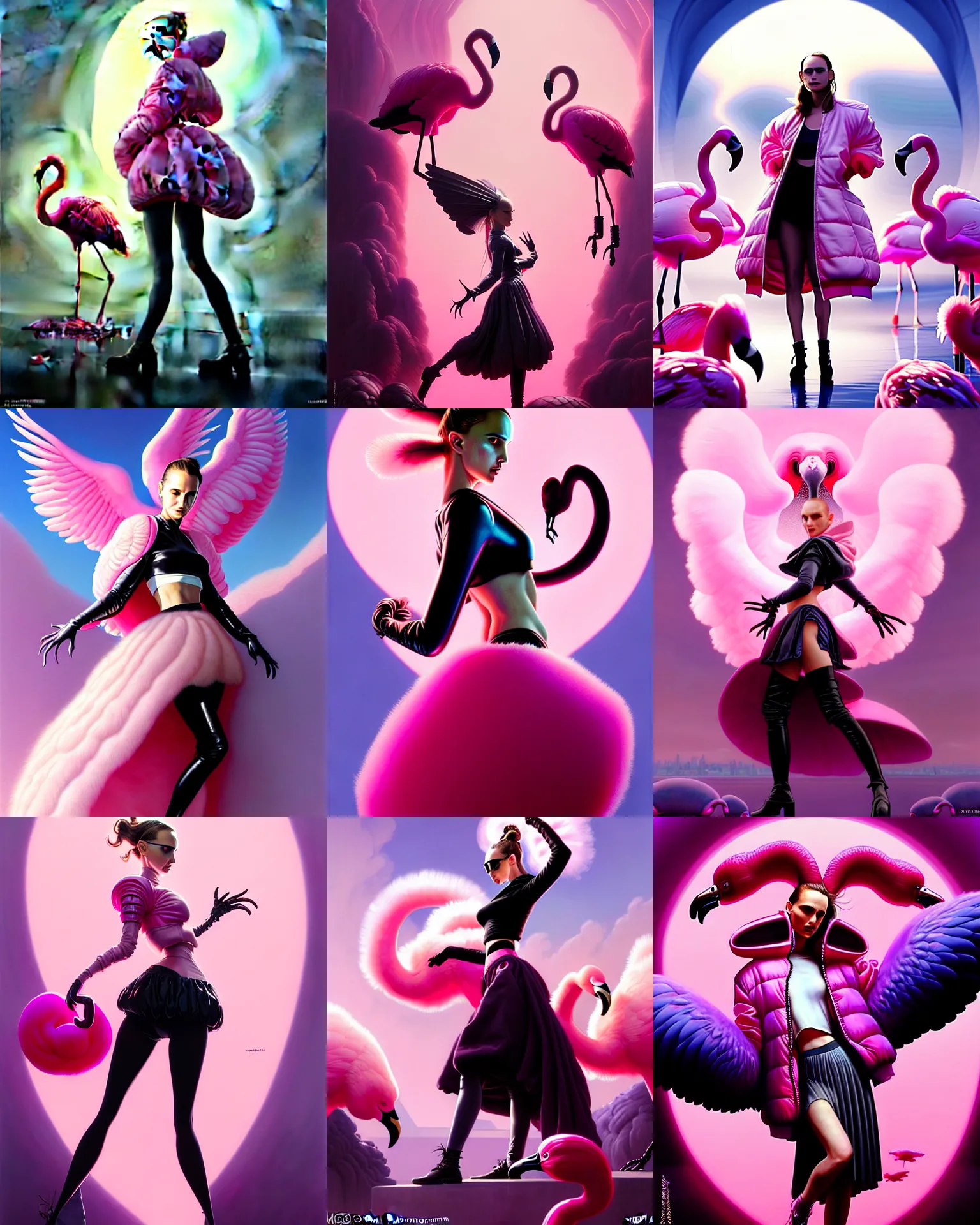 Prompt: beautiful fantasy character portrait, natalie portman, wearing oversized puffy pink bomber jacket and black skirt, ultra realistic, wide angle, dramatic lighting, flamingoes, very seductive pose, cyberpunk artifacts, highly detailed by peter mohrbacher, hajime sorayama, wayne barlowe, boris vallejo, aaron horkey, gaston bussiere, craig mullins