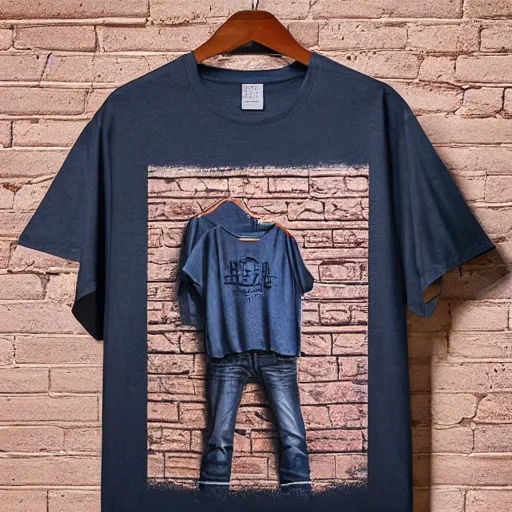 Image similar to a t shirt with unique design in a hanger in front of a brick wall, warmly lit photograph, product photography