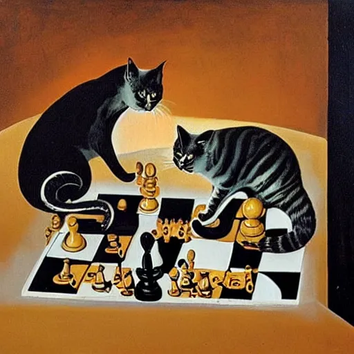 Image similar to dali surrealist painting of two cats playing chess