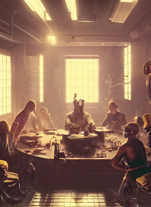 Prompt: a group of people sitting around a table in a room, cyberpunk art by rube goldberg, cgsociety, beeple, computer art, dystopian art, reimagined by industrial light and magic, concept art