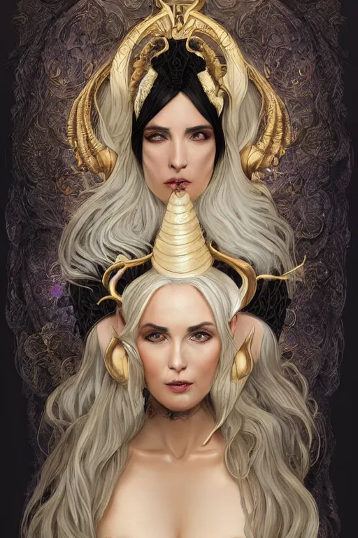 Image similar to fullbody!! of a beautiful woman with white hair, big natural horns on her head, long flowing intricate black lace dress, gold and gemstone jewellery, dnd, face, fantasy, intricate, elegant, highly detailed, digital painting, artstation, concept art, smooth, sharp focus, illustration, art by artgerm and greg rutkowski and alphonse mucha