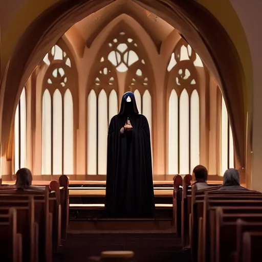 Image similar to emperor palpatine preaching to people at church, 8k cinematic lighting, very sharp detail, anatomically correct