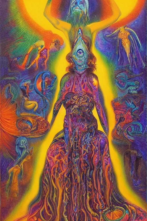 Image similar to mystic cult girl performing psychedelic third eye ritual, expanding energy into waves into the ethos, epic surrealism 8k oil painting, high definition, post modernist layering, by Ernst Fuchs, John Howe