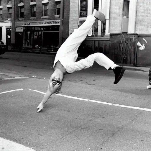 Image similar to a photo of Betty White breakdancing on the streets of New York