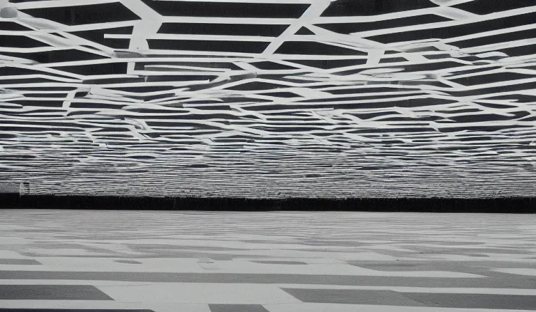 Image similar to A techno palace exterior, extreme long shot, 35mm film, by Ryoji Ikeda, Yohji Yamamoto, Michael Mann