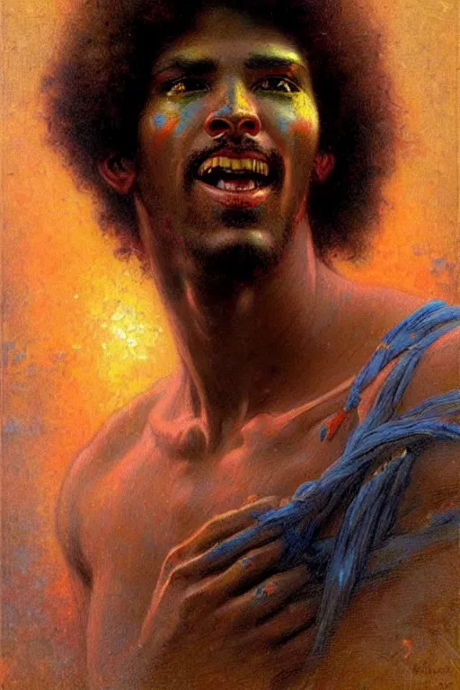 Prompt: attractive male, character design, colorful, afrofuturism, painting by gaston bussiere