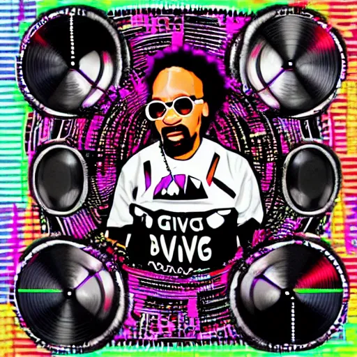 Image similar to svg sticker of a Dancing-Ben-Harper-Snoop-Spike-Lee-with-a-large-Afro-Puff, at a rave, spinning records, giant headphones rocking out, wearing headphones, huge speakers, dancing, rave, DJ, spinning records, digital art, amazing composition, rule-of-thirds, award-winning, trending on artstation, featured on deviantart