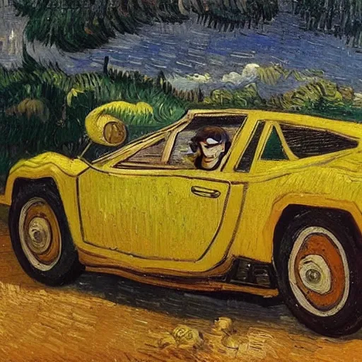 Image similar to a beautiful oil painting of a monkey in a lamborghini, 8k , award winning , made in 1800's , old , painted by vincent van gogh