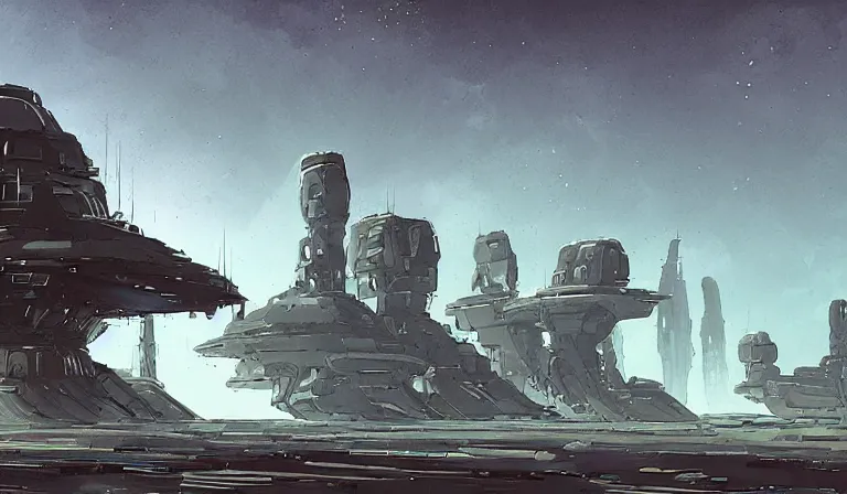 Image similar to A alien landscape with a singular building and docked space craft in the style of Ian McQue.