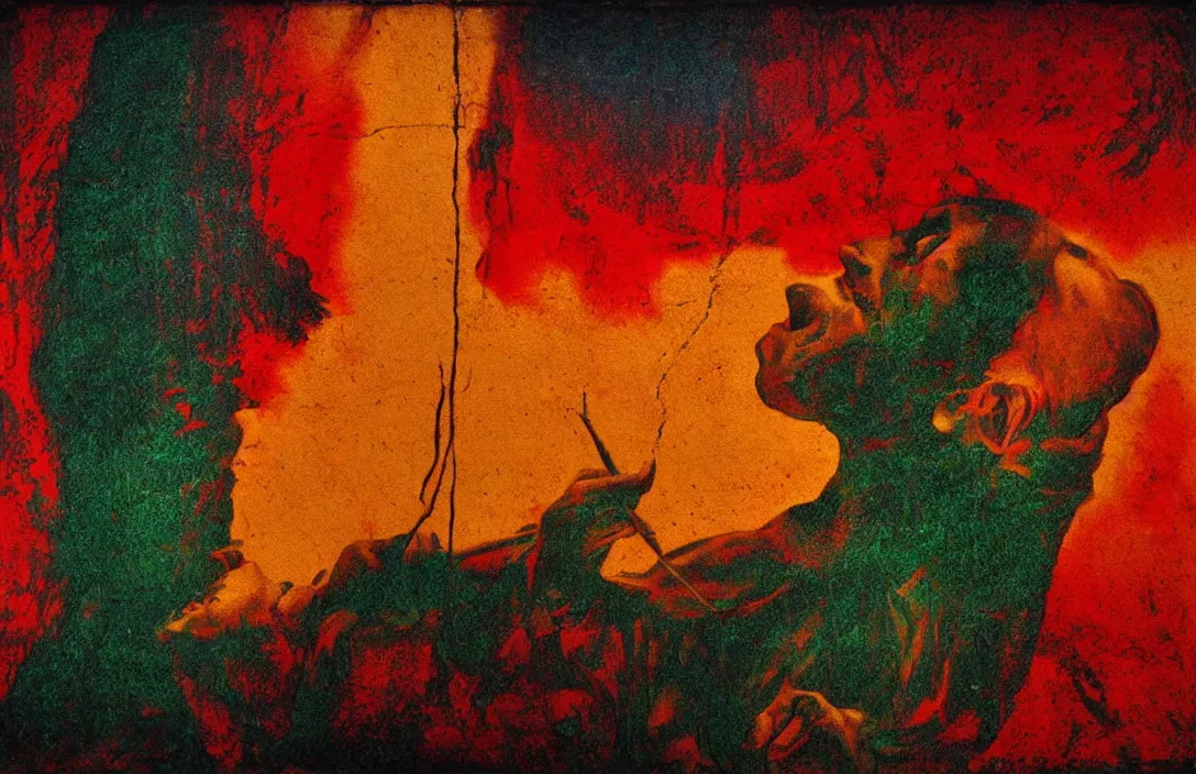 Prompt: most glorious colours ever put on canvas emotional bond between the two the precision of drawing makes the final effect that of a shallow relief sculpture intact flawless ambrotype from 4 k criterion collection remastered cinematography gory horror film, ominous lighting, evil theme wow photo realistic postprocessing once in a lifetime pieter s aenredam