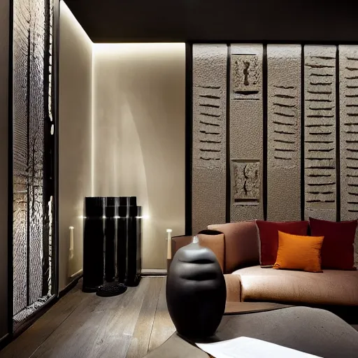 Image similar to lounge and dining room, stone, interior design, stylish luxury hotel living room design, yakisugi, black vertical slatted timber, textures, feminine, black walls, art, Japanese pottery vase with flowers, kakejiku, seasonal, Japanese influences