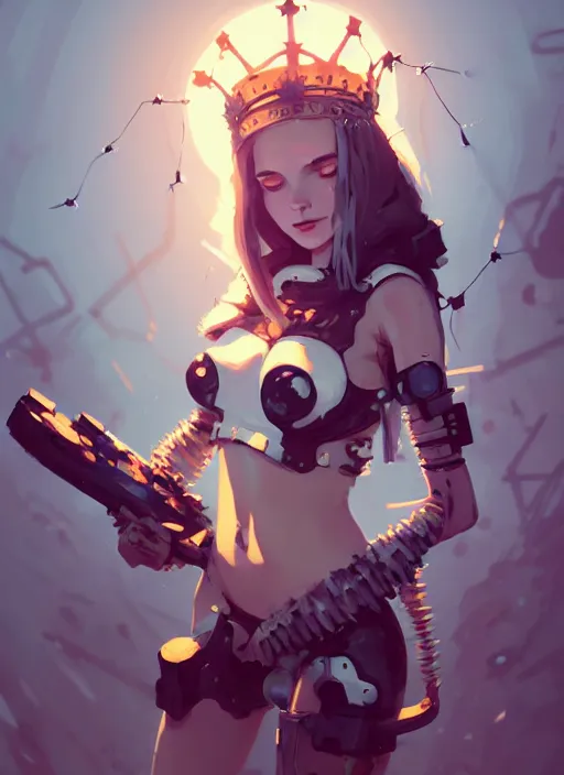 Image similar to portrait of cute maiden girl with crown of thorns in cyber bikini armor, warhammer, cyberpunk, by atey ghailan, by greg rutkowski, by greg tocchini, by james gilleard, by joe fenton, by kaethe butcher, dynamic lighting, gradient light blue, brown, blonde cream and white color in scheme, grunge aesthetic
