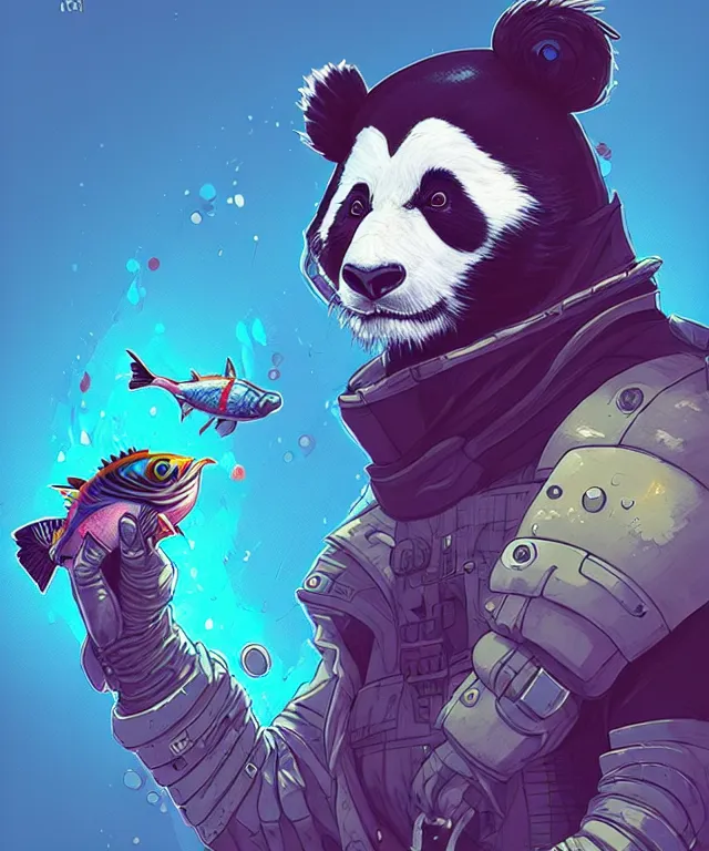 Prompt: a portrait of a cyberpunk panda holding a fish, fantasy, elegant, digital painting, artstation, concept art, matte, sharp focus, illustration, art by josan gonzalez