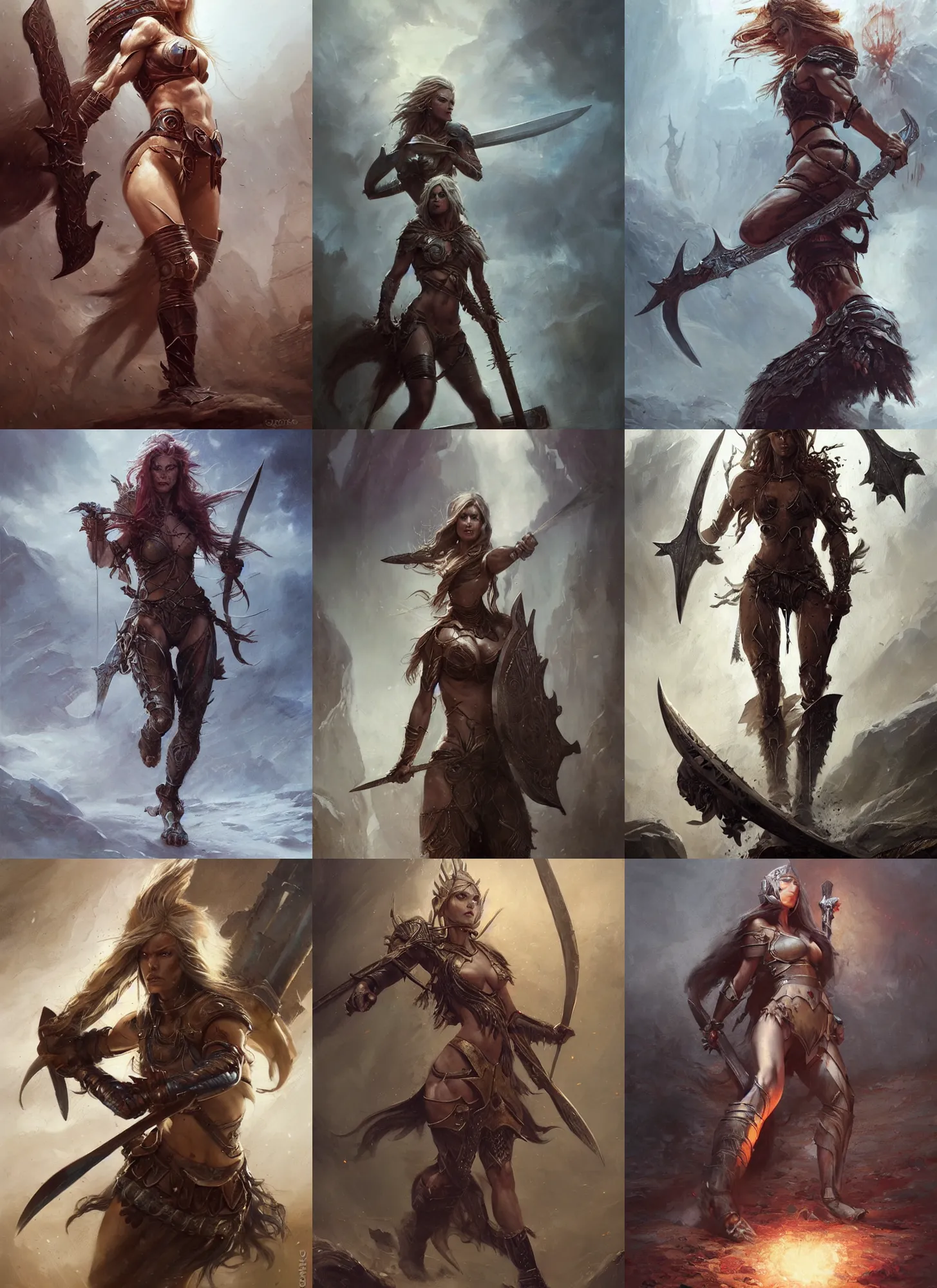 Prompt: A full portrait oil painting of a berserker woman holding a claymore and running, by Greg Rutkowski, Boris Vallejo, epic fantasy character art, elven armor, Exquisite detail, post-processing, low angle, masterpiece, cinematic
