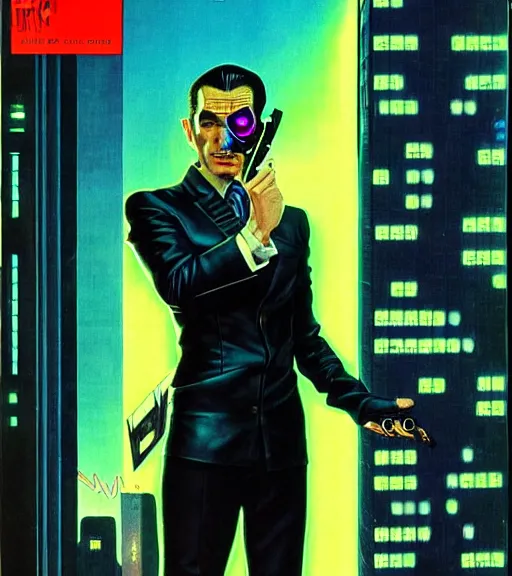 Image similar to a cyberpunk very ugly mafia boss in a suit with slicked back black hair played by ryan renolds as an elf, 1 9 7 9 omni magazine cover, style by vincent di fate, artgerm, very coherent, detailed, 4 k resolution, bright, unreal engine, daz