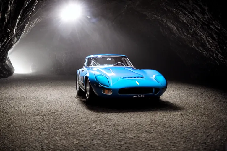 Image similar to cinematography of Ferrari 250 GTO series 2 in a blue glacier cave by Emmanuel Lubezki