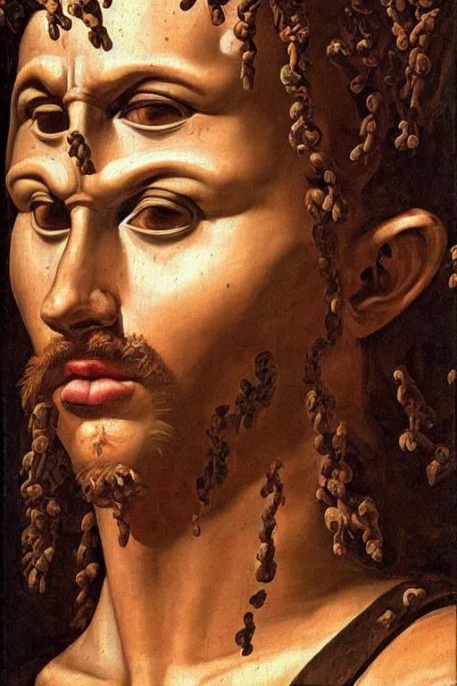 Prompt: renaissance painting of evil men, portrait, face closeup, emotions closeup, dressed in spartan armour, the beautiful garden with cactus everywhere, ultra detailed, art by guido reni style, vincenzo catena style