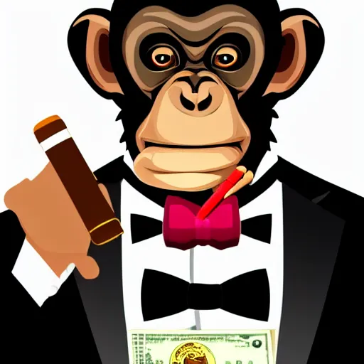 Image similar to A chimp wearing a tuxedo, smoking a cigar, holding cash. GTA style, dark background, studio lighting