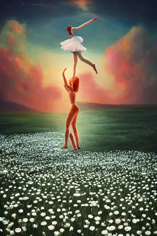 Prompt: giant white daisy flower as head, body girl dancing in a flower field, surreal photography, sunrise, dramatic light, impressionist painting, colorful clouds, digital painting, artstation, simon stalenhag