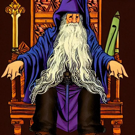 Image similar to An old wizard sitting on a throne, svg