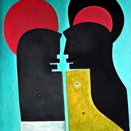 Image similar to Oil painting by Rufino Tamayo. Two mechanical gods with animal faces kissing. Oil painting by Lisa Yuskavage.