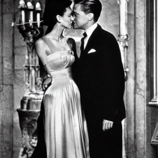 Image similar to Leonardo DiCaprio and Audrey Hepburn in Roman Holiday, movie still