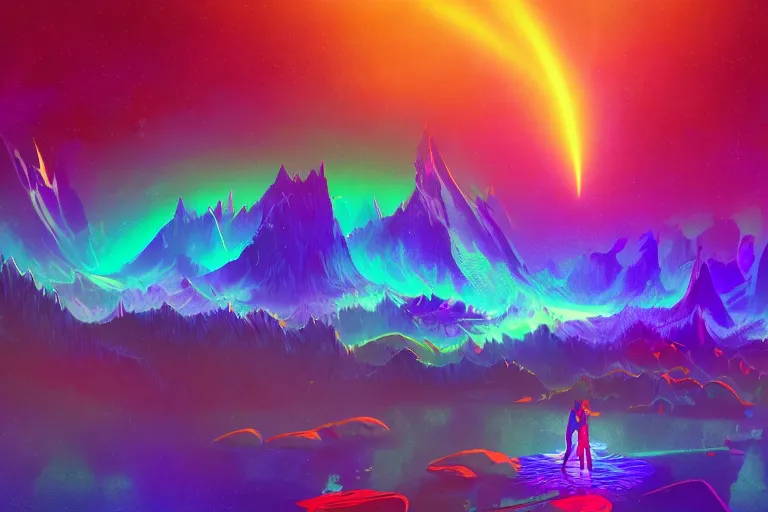 Image similar to wide ((wide)) photo of beautiful Jesse Faden (((dynamic neon lighting)) in chromatic dmt trippy lake with glowing birds, mountains, elegant, highly detailed, sharp focus, illustration, beautiful, geometric, trending on artstation, cinematic, artwork by Tran, Ross and Aivazovsky, Ivan