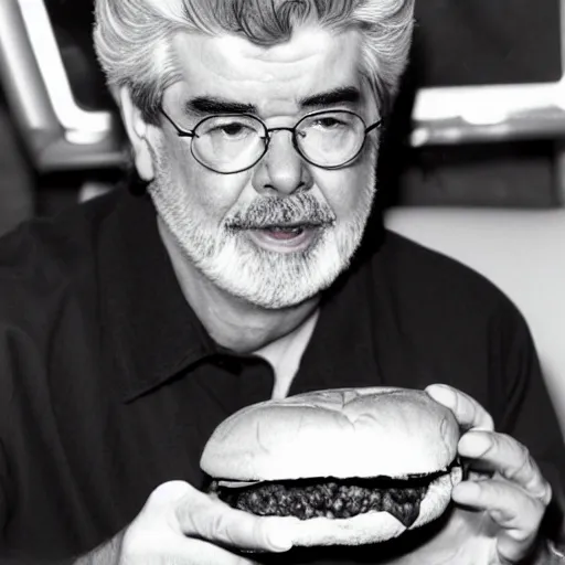 Prompt: George Lucas eating a hamburger