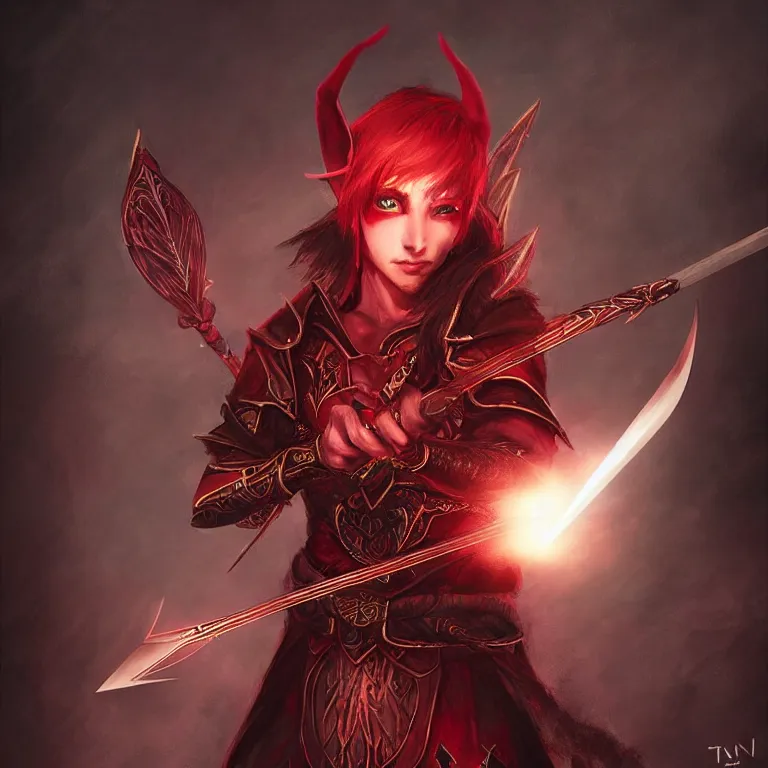 Prompt: A fantasy warrior elf having glowing red eyes, holding bow and arrow, intricate, elegant, portrait, gloomy background, sharp focus, concept art, art by tian zi