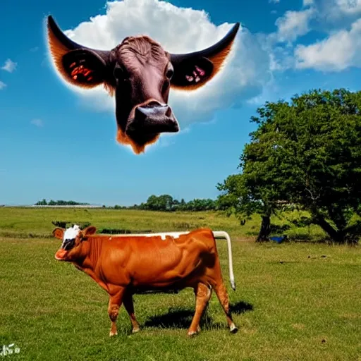 Image similar to a cow with bird wings flying in the sky