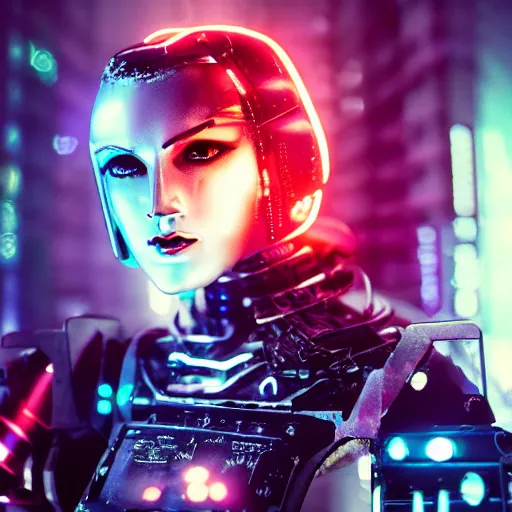 Image similar to portrait of cyber wolf, machine, cyberpunk, android, robot, mechanical parts, editorial photography, neons, blade runner, futuristic style, realistic bokeh and depth of field, award winning, establishing shot