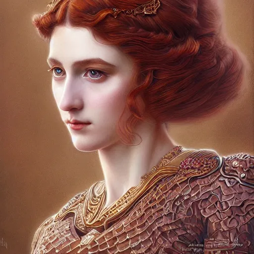 Prompt: beautiful striking Pre-Raphaelite Princess Peach wearing a suit of dragon scale armor, by Artgerm and Greg Rutkowski, pale, intricate, elegant, highly detailed, digital painting